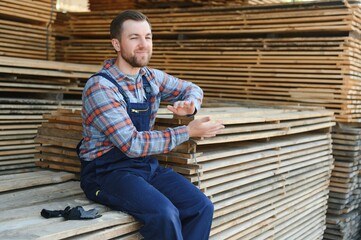 Wall Mural - Male Worker folds boards. Sawmill. Wood harvesting process