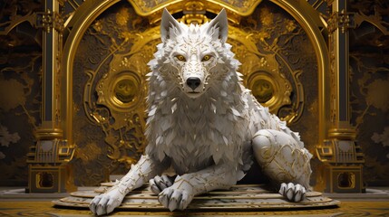 a wolf sitting on a decorative design, in the style of hyper-realistic sci-fi, dark white and yellow, medieval-inspired, statue of a wolf, Generative AI