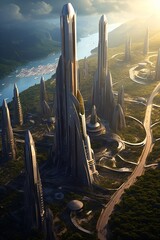 Wall Mural - futuristic high-tech city with advanced infrastructure, science fiction cityscape, fictional landsca