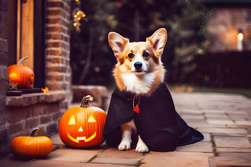 Cute corgi dog in scary halloween costume and black Dracula cloak sitting outdoors near house with lightning pumpkins and autumns fail leaves. Halloween night concept. Generative ai