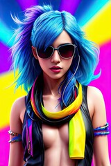 Wall Mural - Glamorous hipster teenager in sunglasses. Vertical view portrait of millennial pretty girl with clothing and hairstyle in neon colors. Сoncept of nightclub. Generative AI