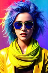 Wall Mural - Glamorous hipster teenager in sunglasses. Vertical view portrait of millennial pretty girl with clothing and hairstyle in neon colors. Сoncept of nightclub. Generative AI