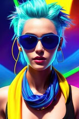 Wall Mural - Glamorous hipster teenager in sunglasses. Vertical view portrait of millennial pretty girl with clothing and hairstyle in neon colors. Сoncept of nightclub. Generative AI