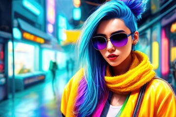 Wall Mural - Glamorous hipster teenager in sunglasses. Portrait close up of millennial pretty girl with clothing and hairstyle in neon colors. Сoncept of nightclub. Generative AI