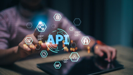 api - application programming interface. software development tool. business, modern technology, int