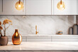 © KRISTINA KUPTSEVICH - Marble stone empty table top of kitchen island on modern kitchen interior background. Scene stage showcase for montage you products, promotion sale or advertising. Front view. Generative ai