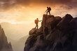 © ADDICTIVE STOCK - Ai generative illustration of two friends climbing a mountain helping each other in the peak at sunset