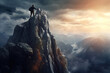 © ADDICTIVE STOCK - Ai generative illustration of one person climbing a mountain in the peak at sunset enjoying the views