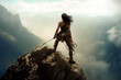 © ADDICTIVE STOCK - Ai generative illustration of woman climbing a mountain in the peak at sunset enjoying the views