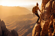 © ADDICTIVE STOCK - Ai generative illustration of woman climbing a mountain in the peak at sunset enjoying the views