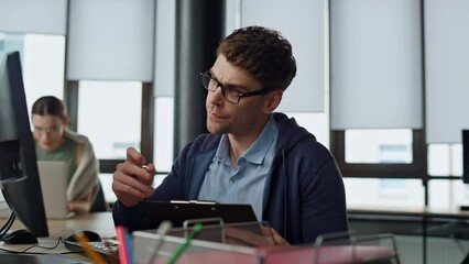 Pensive it guy solving code problem. Startup engineer analyzing software code