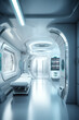 © ADDICTIVE STOCK - Generative AI illustration of interior of modern hospital in cabin with medical machine and hospital bed in bright blue and white lights