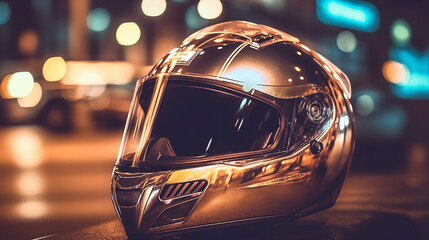 Sticker - motorcyclist helmet on a motorcycle seat in a night city close up photo