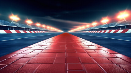 Wall Mural - Asphalt racing track finish line with cheering fans and illuminated floodlights