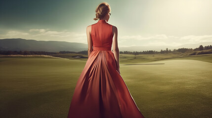 back of beautiful woman in dress on golf course