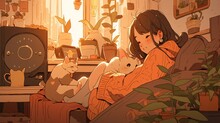 Cute Lofi Girl In A Room, Anime Manga Bedroom Wallpaper Background Design, Colorful, Generative AI
