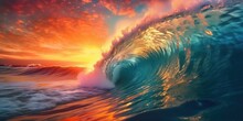 Colorful Ocean Wave. Sea Water Wave Shape. Sunset Light And Beautiful Clouds On Beach Background