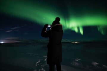 man takes a photo of the northern lights, winter landscape. generative ai