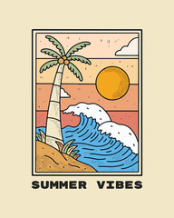 Wall Mural - Summer vibes theme. the waves and the coconut on the beach vector t shirt illustration