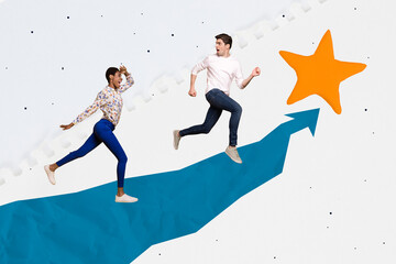 Wall Mural - Company promotion concept collage of two colleagues competition leader project running arrow direct gold star isolated on white background