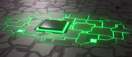 Technology background CPU central processing unit on circuit board with green glowing connections, futuristic micro processor concept