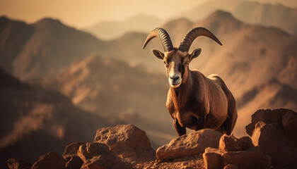 Sticker - Horned mammal grazing on mountain meadow in backlit sunset generated by AI