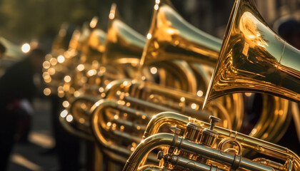 Shiny brass instruments reflect musician focus on foreground performance generated by AI