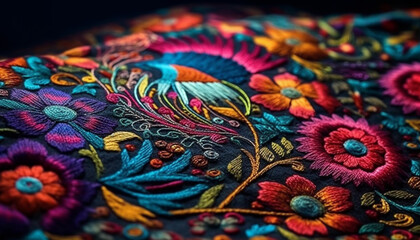 Vibrant colors and ornate embroidery adorn this homemade patchwork tapestry generated by AI