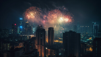 Poster - Vibrant city skyline explodes with colorful fireworks at night celebration generated by AI