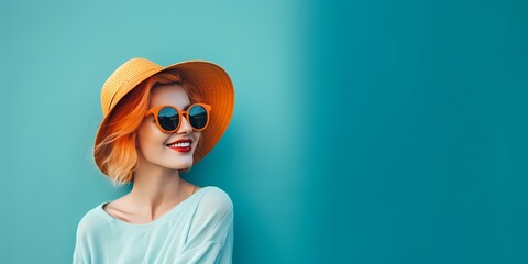 orange-haired woman in front of a blue background, with a copy space. Summer