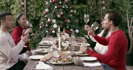 Sticker - Christmas, celebration and group together with drinks on holiday, christmas party or champagne with friends. Cheers, toast and celebrate with glasses, alcohol and dinner event in garden or backyard