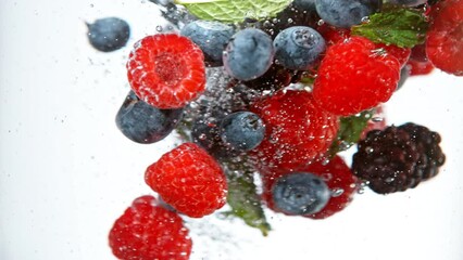 Poster - Super slow motion of rotating berries underwater, white background. Filmed on high speed cinema camera, 1000 fps.