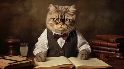  Funny cat professor at school, university, college, with books, in a suit and glasses against the background of the blackboard. Back to School, Knowledge Day, September 1. AI generated.