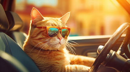 Cool red cat in sunglasses sitting behind the wheel of a car, solar positive light, travel, trip, car license. AI generated.