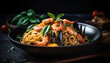 Fresh seafood linguini on rustic wooden plate with parsley garnish generated by AI