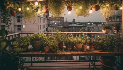 Wall Mural - Summer balcony decor potted plants, lanterns, and colorful flowers illuminate generated by AI