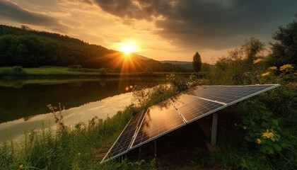 Poster - Sunset over solar power station generates electricity for sustainable resources generated by AI