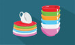Multicolor ceramic bowl and plate stack vector illustration set. Kitchen household concept. Cutlery vector set. Pile of bowl and plate. Clean dishes set. Crockery set.