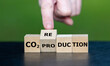 Hand turns wooden cube and changes the expression 'CO2 production' to 'CO2 reduction'.