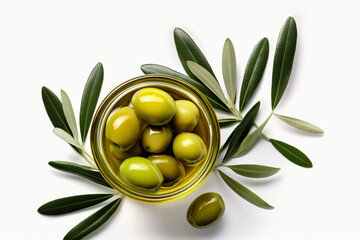 Wall Mural - Green olives in an olive oil with leaves, isolated on white background, top view, flat lay