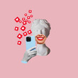 © Марина Демешко - Antique smiling statue's head holding blue mobile phone with like symbols from social networks on pink color background. 3d trendy collage in magazine style. Contemporary art. Modern creative design