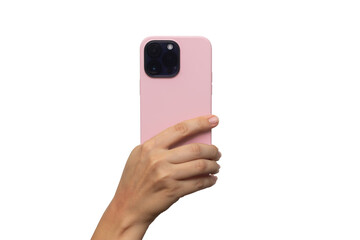 mobile phone with 3 photo cameras in a pink case in female hand isolated on a white background. blan