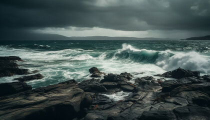 Sticker - Dramatic sky over dark cliff, breaking wave on wet coastline generated by AI