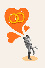 Sticker - Creative retro collage of happy smiling couple celebrating engagement isolated geige color background