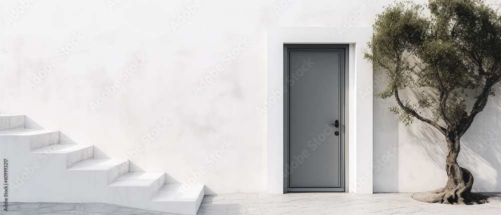 Mockup with facade of a modern house with front door, potted flowers.entrance home exterior. patio, backyard in a modern house. doorway. Minimalism. Generative ai