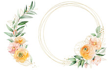 Frame And Bouquet Made With Orange And Yellow Watercolor Flowers And Green Leaves, Illustration