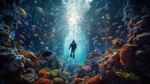 Scuba Diving: Images Depict Divers Exploring Colorful Coral Reefs Or Underwater Caves, Showcasing The Wonder And Beauty Of The Underwater World. Generative AI