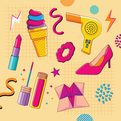 90's 80's Women Stuffs High Heels, Ice Cream, Hair Dryer, Lipstick, Lip Gloss, Hair Ribbon and Paper Play Origami with Colorful Memphis Background