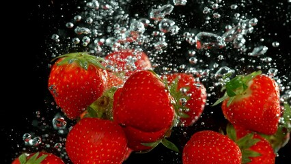 Poster - Super slow motion of falling strawberries into water on black background. Filmed on high speed cinema camera, 1000 fps. Speed ramp effect.