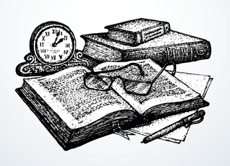 Wall Mural - Vector still life. Old books, paper, pen and clock